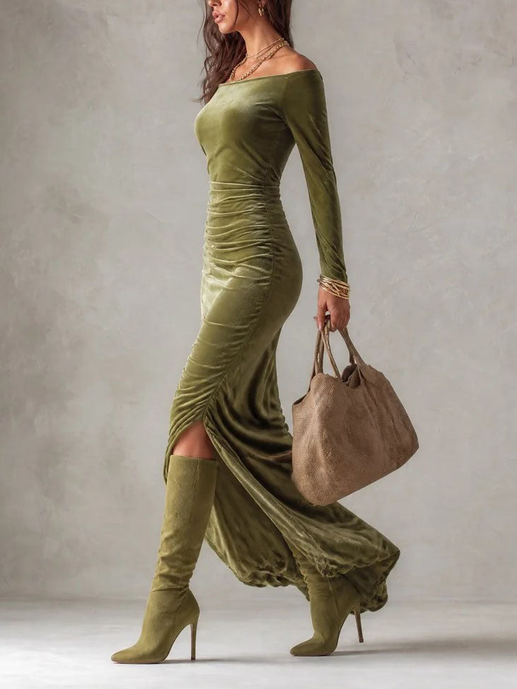 Women's Olive Green Velvet Off-Shoulder Evening Maxi Dress – Long Sleeve – 2