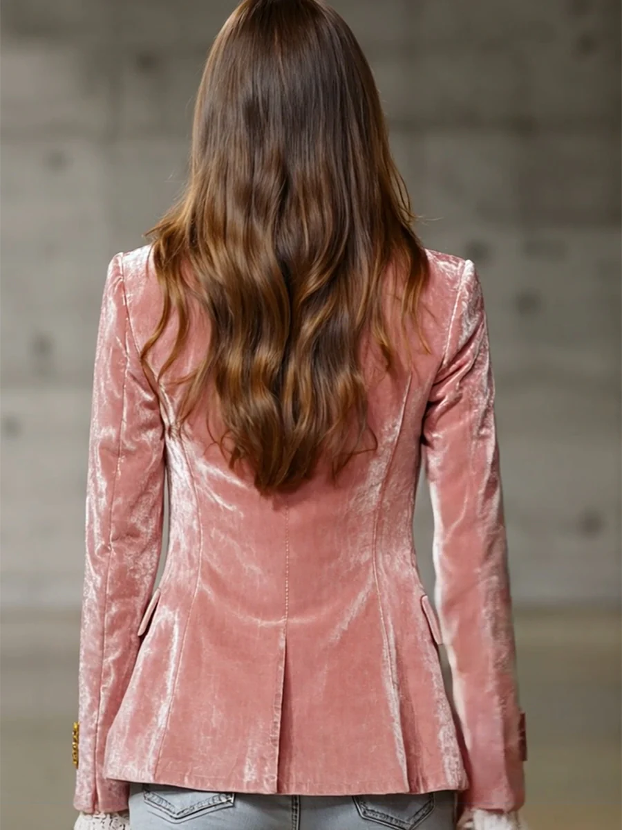 Women's Pink Velvet Blazer – Gold Button Retro Style – 2