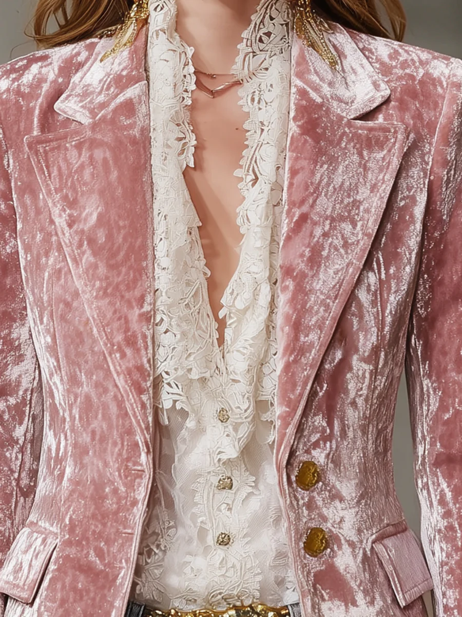 Women's Pink Velvet Blazer – Gold Button Retro Style – 3