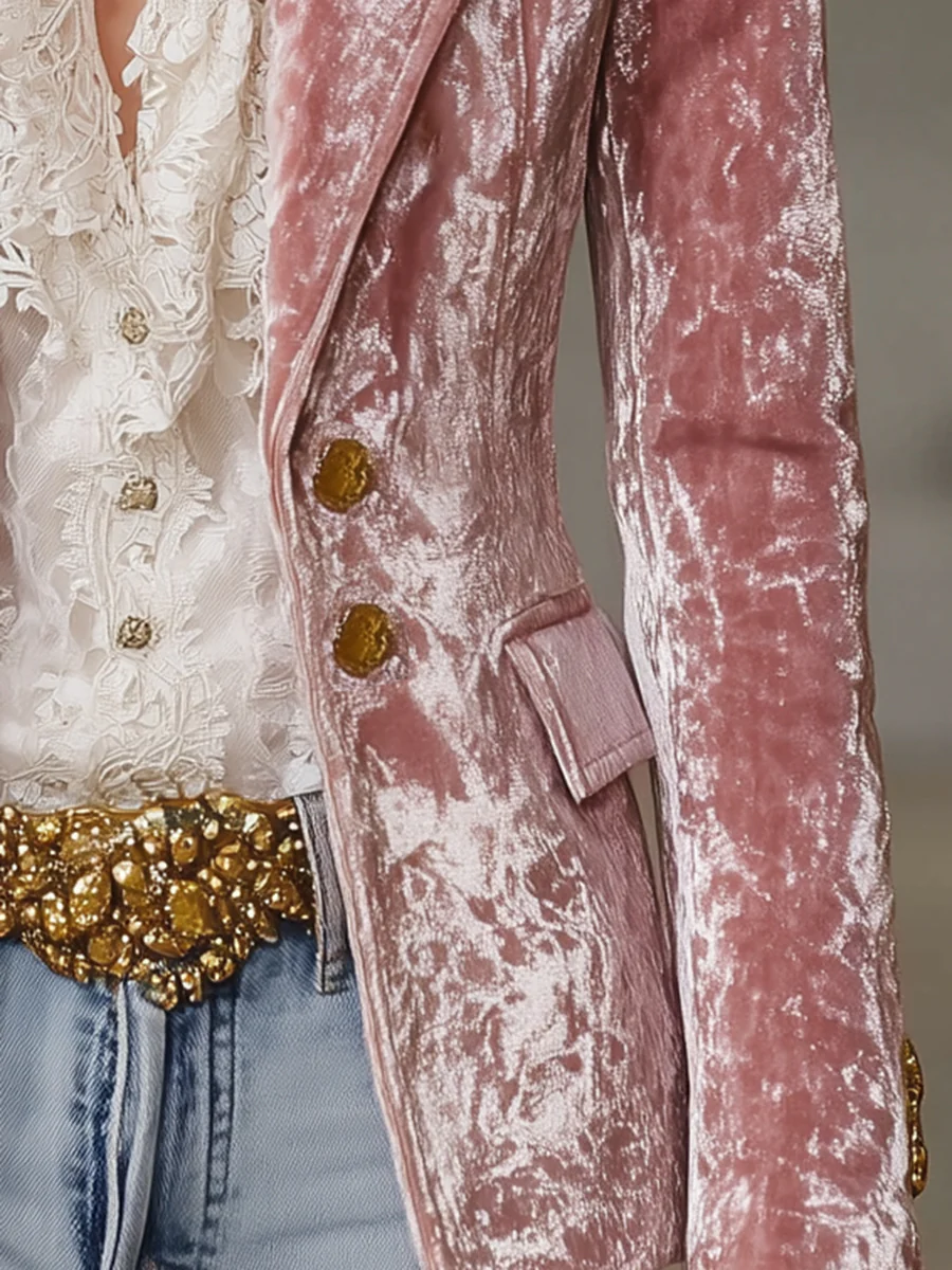 Women's Pink Velvet Blazer – Gold Button Retro Style – 4