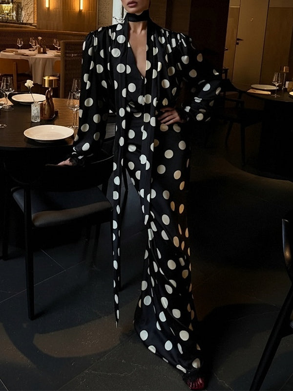 Women's Polka Dot Maxi Dress – Puff Sleeve Wedding Guest Dress – 3