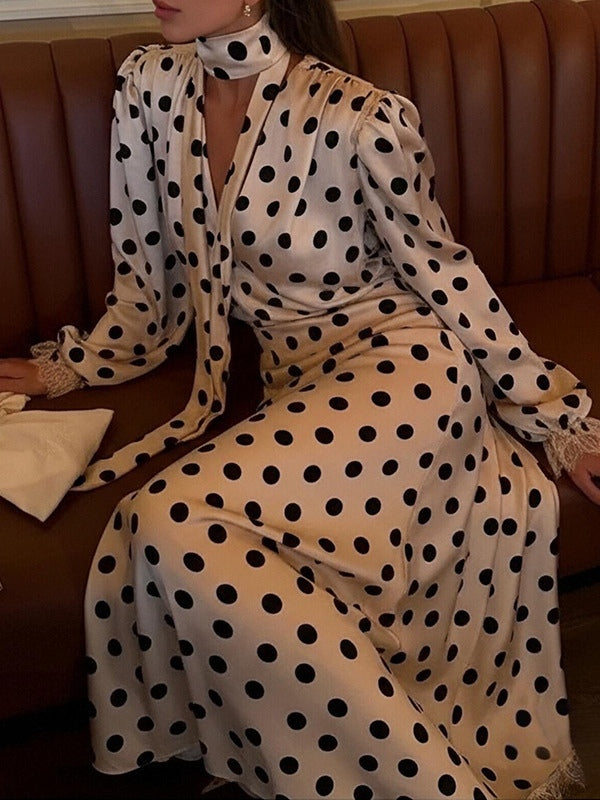 Women's Polka Dot Maxi Dress – Puff Sleeve Wedding Guest Dress – 4