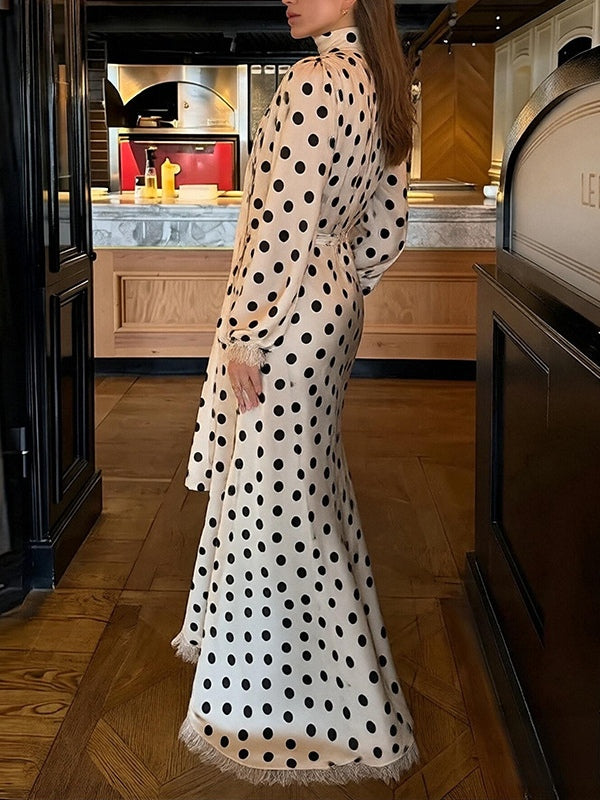 Women's Polka Dot Maxi Dress – Puff Sleeve Wedding Guest Dress – 5