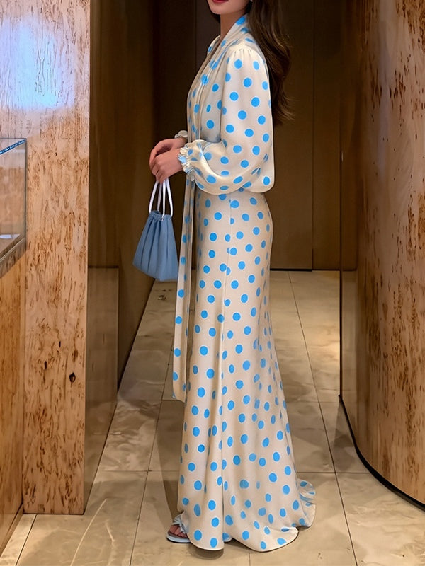 Women's Polka Dot Maxi Dress – Puff Sleeve Wedding Guest Dress – 6