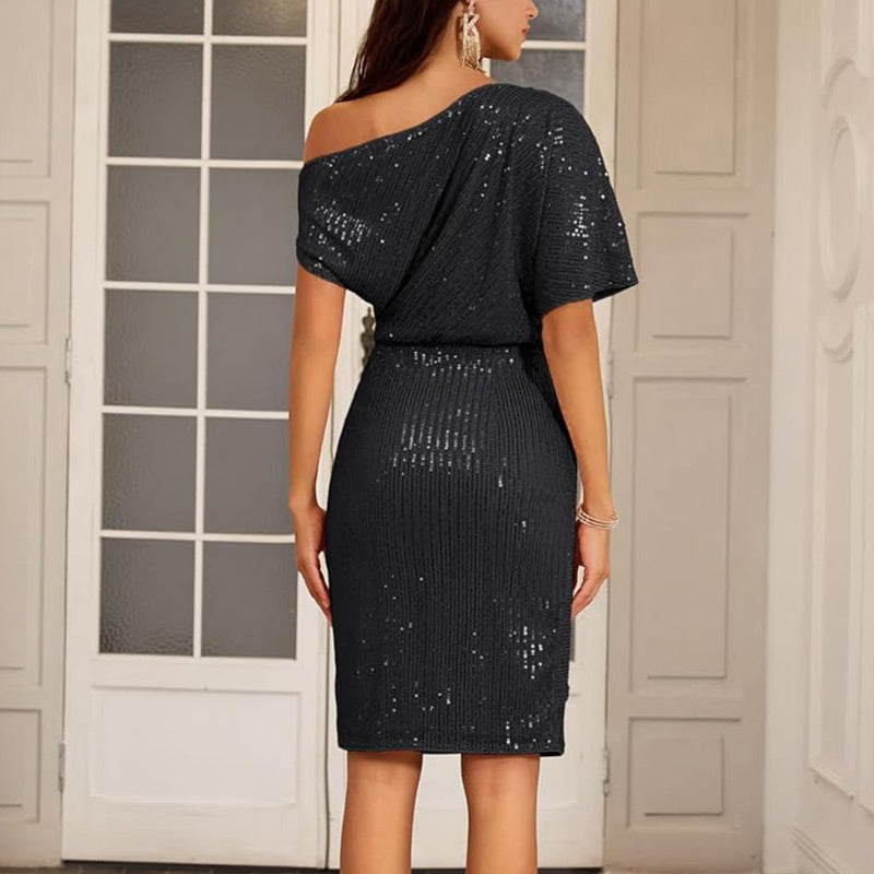 Women's Sparkly One-Shoulder Ruched Dress – Christmas Party Dress – 5