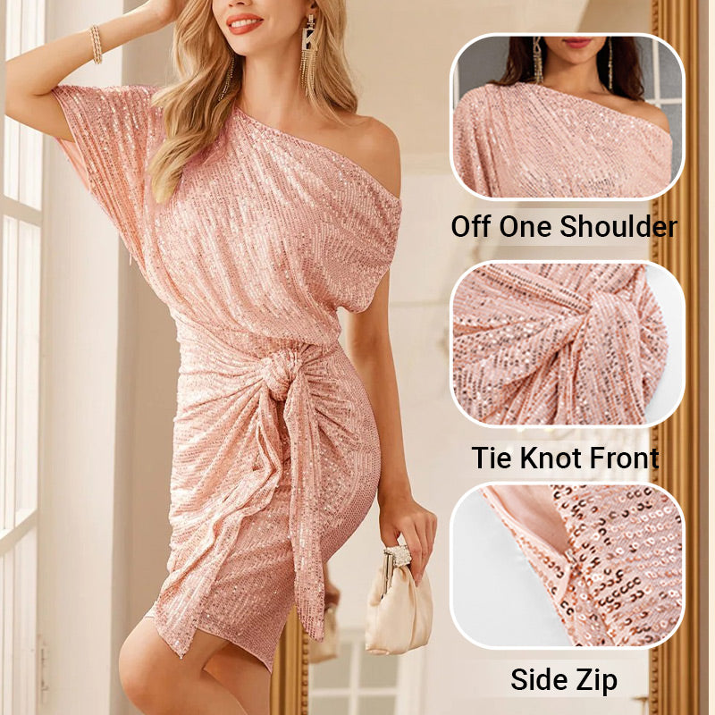 Women's Sparkly One-Shoulder Ruched Dress – Christmas Party Dress – 7
