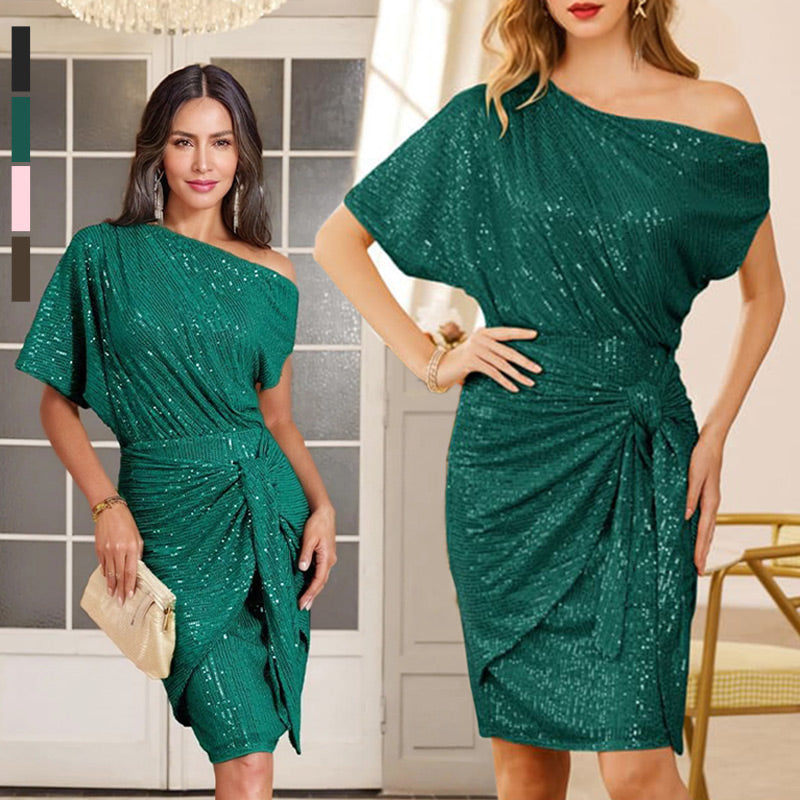 Women's Sparkly One-Shoulder Ruched Dress – Christmas Party Dress