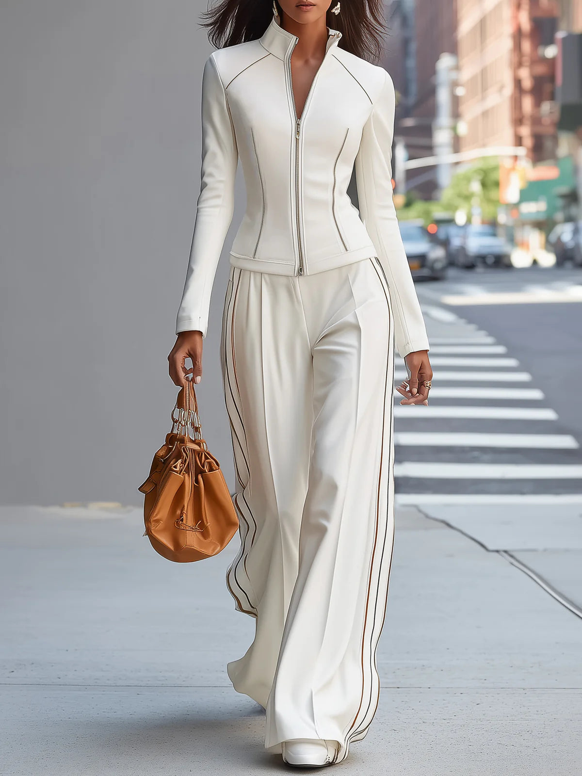 Women's White Zip-Up Top & Wide Leg Pants Set